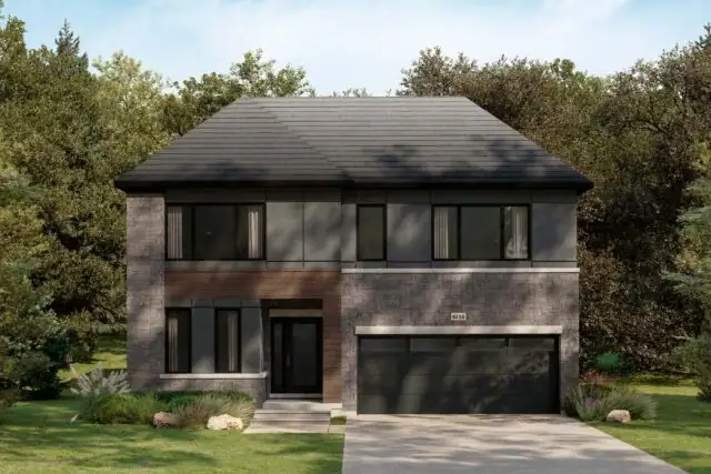 Contemporary 42-foot detached house design in Magnolia Ottawa with flat-roof architecture, dark grey metal panels, and natural wood-grain entryway accents.