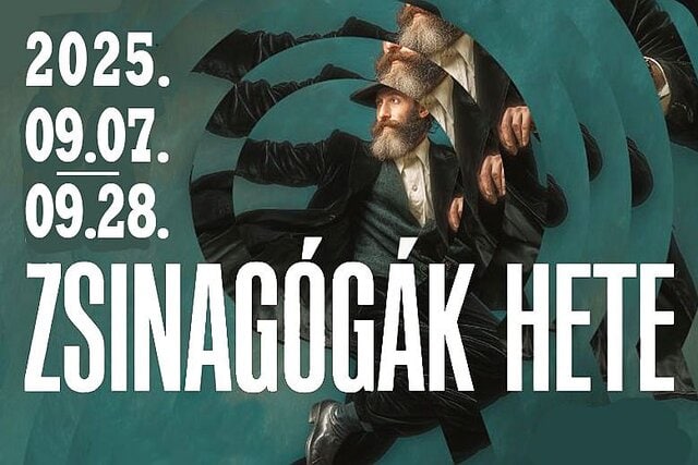 Promóciós kép a Zsinagógák Hete 2025 rendezvénysorozathoz, amely zsidó vallási, művészeti és gasztronómiai eseményeket kínál.