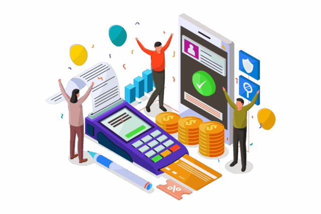 Isometric illustration of a POS system with happy people, coins, and a mobile phone showing a successful transaction.