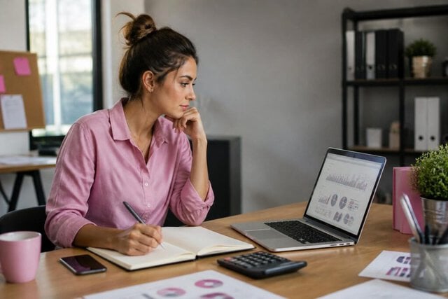 Small-business owner reviewing advertising results and budget.