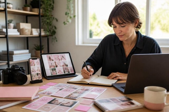 Small-business owner repurposing one idea into multiple marketing content formats.