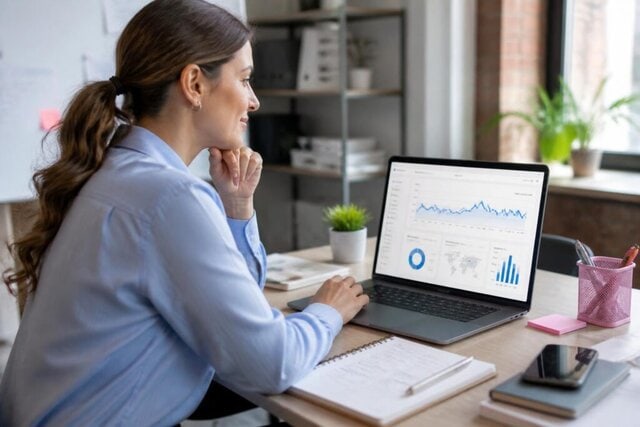 Small-business owner reviewing website search performance on a laptop.