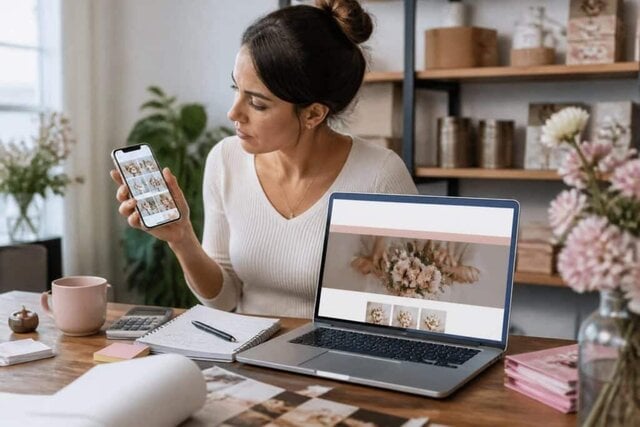 Small-business owner comparing a website on a laptop with social media on a smartphone.