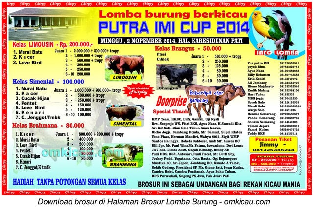 Brosur Lomba Burung Berkicau Putra IMI Cup, Pati, 2 November 2014