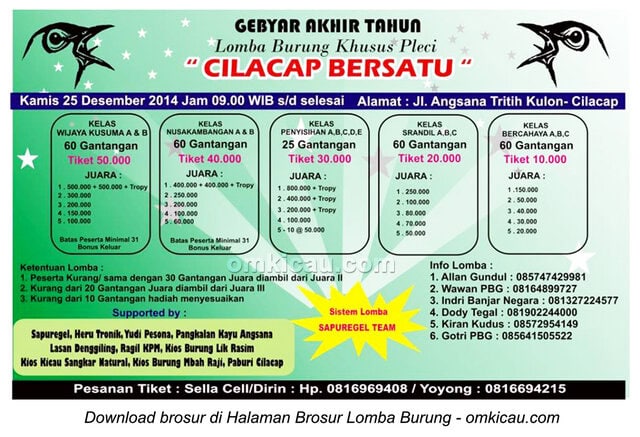 Brosur Lomba Burung Pleci Cilacap Bersatu, Cilacap, 25 Desember 2014