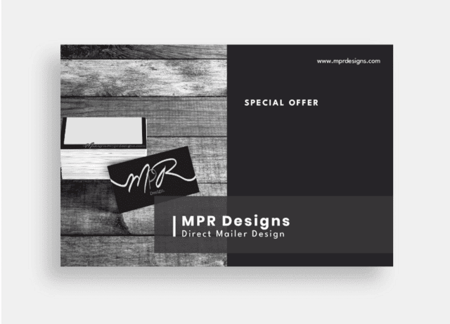 MPR Designs mailers on a wooden surface. Text: Special Offer, MPR Designs Direct Mailer Design, www.mprdesigns.com