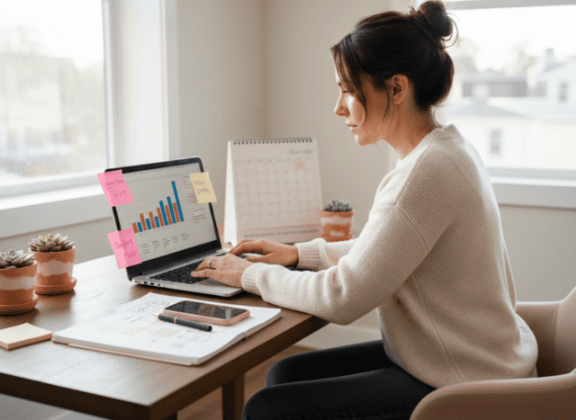 Small-business owner creating a simple marketing plan at a desk.