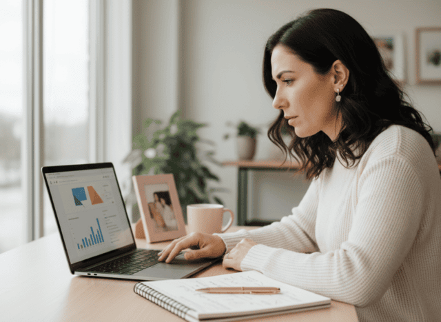 Small-business owner reviewing Google search visibility on a laptop.