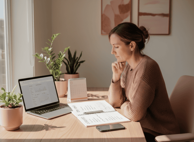 Small-business owner comparing do-it-yourself marketing with outside support.