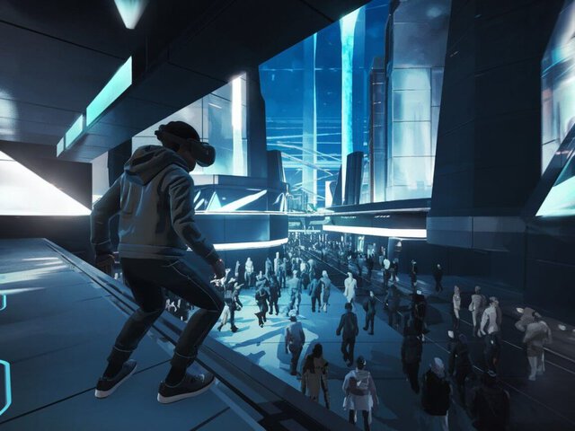 A person wearing a VR headset stands on a platform overlooking a futuristic, neon-lit city filled with crowds walking beneath towering glass structures and digital blue lights.