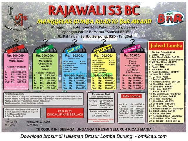 Brosur Lomba Burung Berkicau Rajawali S3 BC-Road to BnR Award, Tangsel, 14 September 2014