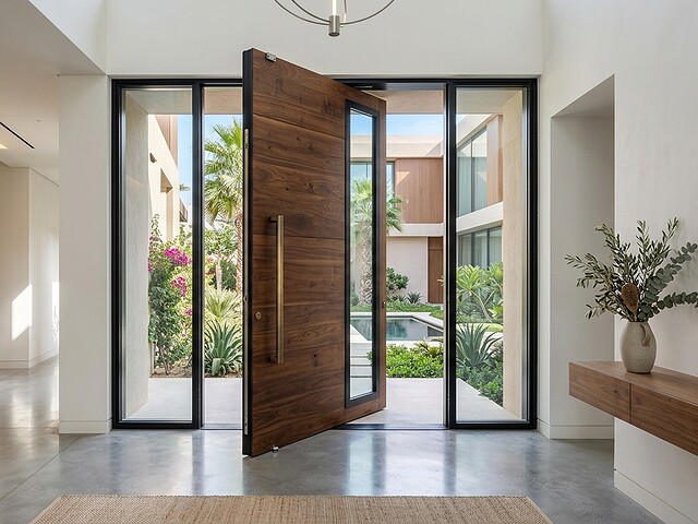 Aluminium pivot entrance door on a modern Dubai villa