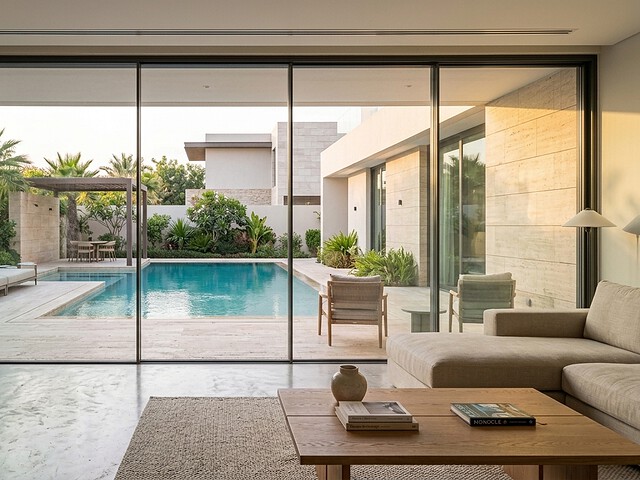 Slim-framed aluminium sliding doors along a Dubai balcony