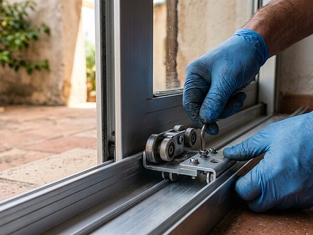 Technician repairing a sliding door roller and track in Dubai