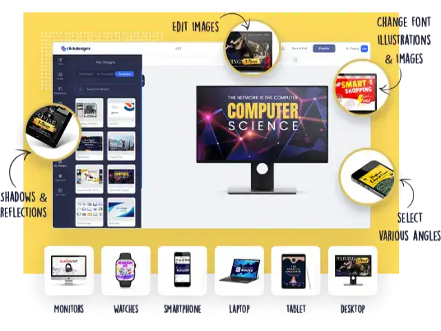 ClickDesigns software de grafică pentru creare mockups 3D și design pagini de vânzări fără cunoștințe tehnice.