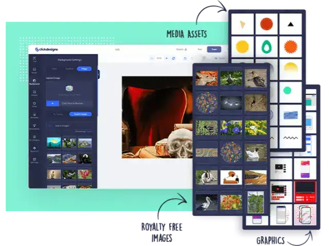 Interfața ClickDesigns cu peste 1000 de șabloane profesionale pentru logouri coperți și elemente grafice de conversie.
