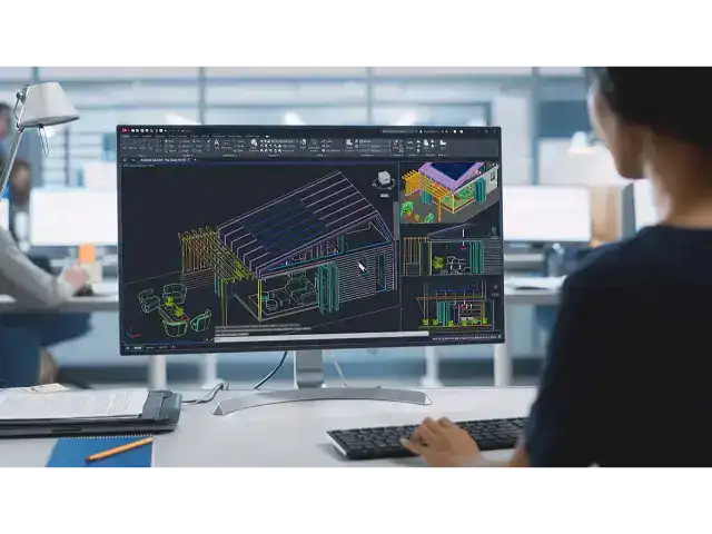 Inginer utilizând AutoCAD 2026 pe laptop pentru automatizarea fluxului de lucru prin funcția Smart Blocks și cloud