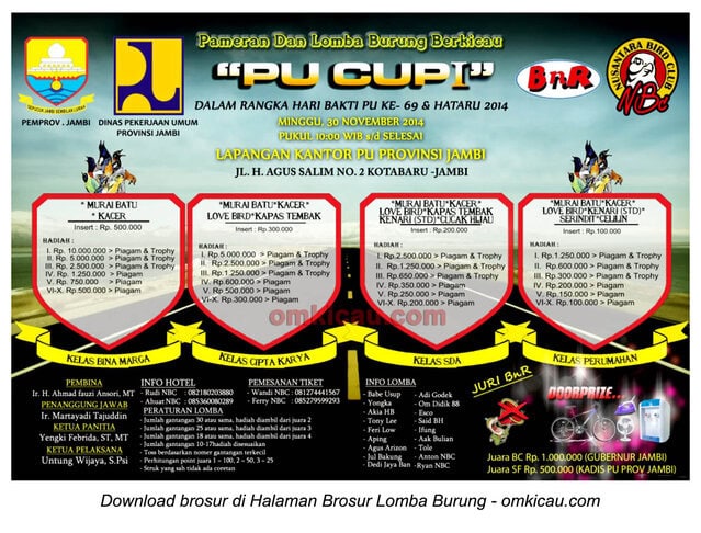 Brosur Lomba Burung Berkicau PU Cup I, Jambi, 30 November 2014