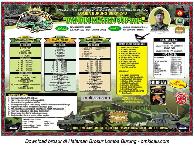 Brosur Lomba Burung Berkicau Dandim Klaten Cup, Klaten, 30 November 2014