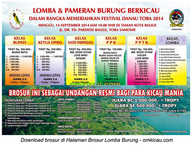 Brosur Lomba Burung Berkicau Festival Danau Toba, Toba Samosir, 14 September 2014