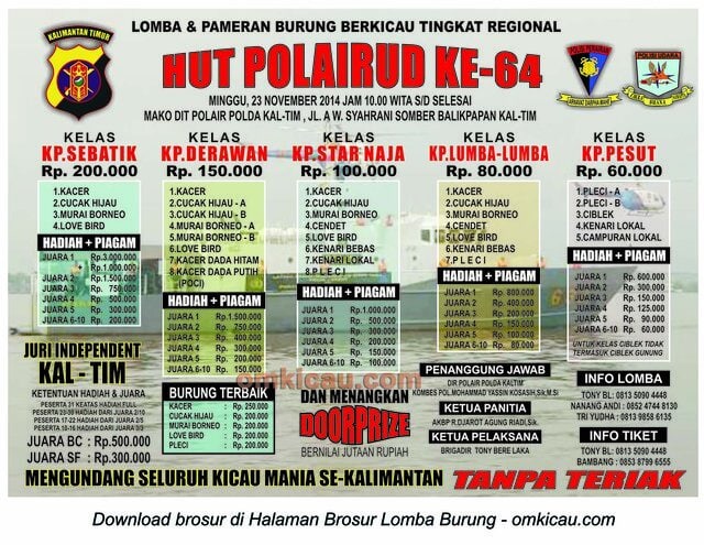 Brosur Lomba Burung Berkicau HUT Ke-64 Polairud, Balikpapan, 23 November 2014