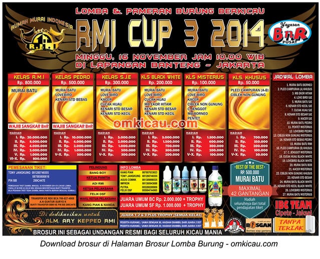 Brosur Lomba Burung Berkicau RMI Cup 3, Jakarta, 16 November 2014