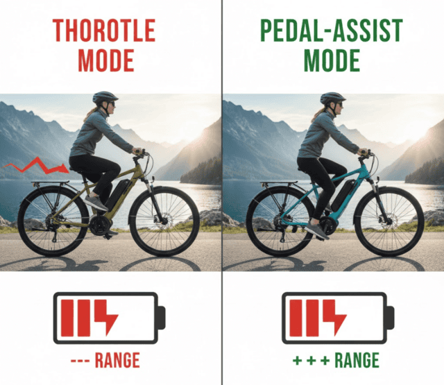 E-bike range comparison showing high power draw from throttle mode versus lower power use and longer range with pedal-assist (PAS).