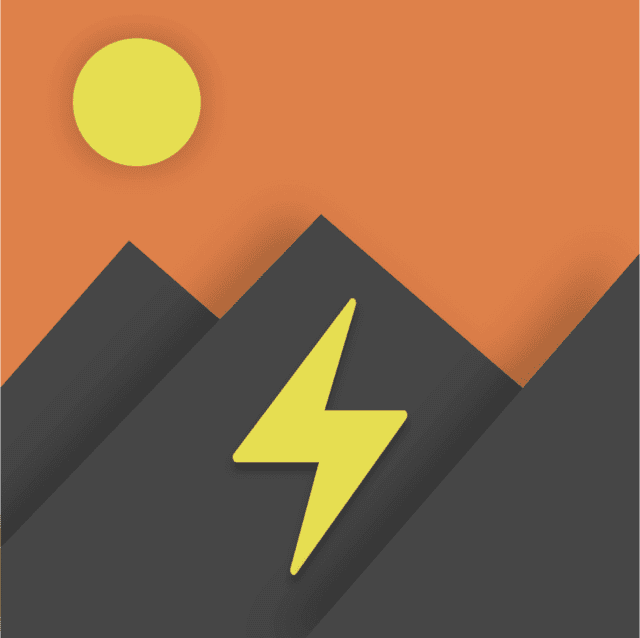 Abstract mountain landscape with sun and lightning bolt. MPR concept image.