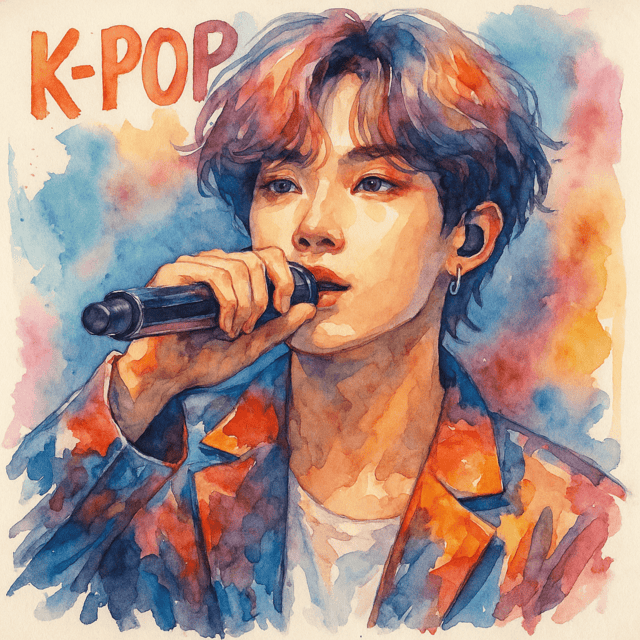Detailní ilustrace mladého K-pop zpěváka s mikrofonem, vystupujícího na koncertě, s výrazným make-upem a stylovým oblečením.