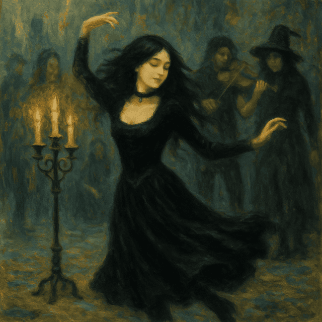 Tanečnice v černých šatech s plápolajícími svíčkami a halloweenskou atmosférou, malba ve stylu impresionismu, temná a tajemná scéna s hudebníky v pozadí.