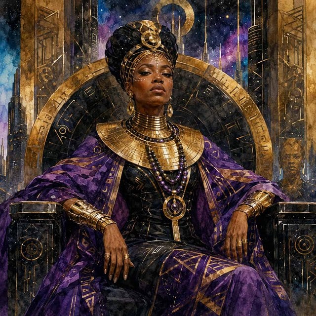 afrofuturisticka-kralovna-na-trunu-v-kosmickem-palaci