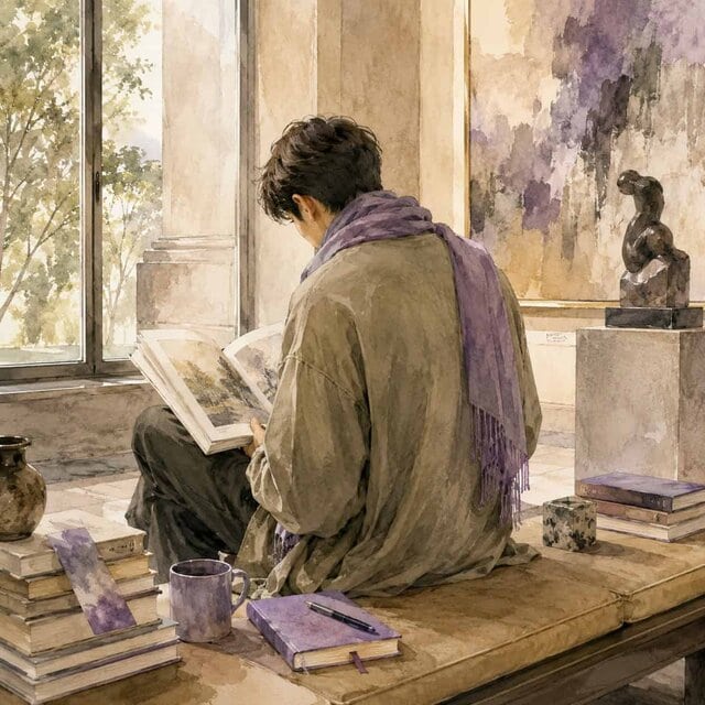 RM em uma galeria silenciosa com um livro, ilustração em aquarela.