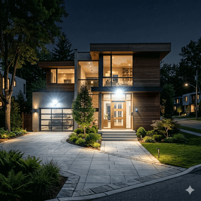 LED Scheinwerfer am Haus angebracht welche das Grundstück beleuchten