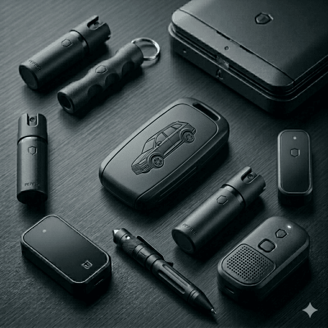 Sicherheitsgadgets wie Pfefferspray, Kubotan und Handalarm