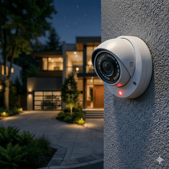 Überwachungskamera an Hauswand angebracht