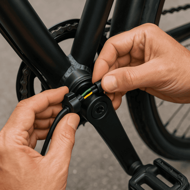 Close-up of hands reconnecting a pedal assist sensor (PAS) wiring connector near the crank arm on an electric bike.