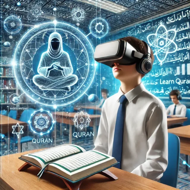 A student using AI-powered tools and Virtual Reality for immersive Islamic learning and Quran recitation.