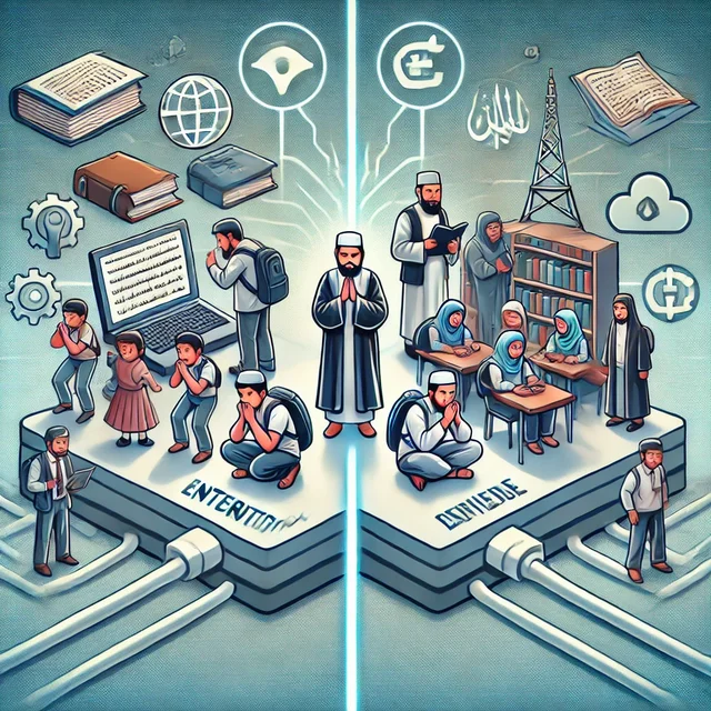 "A conceptual illustration showing the challenges of online Islamic education—one side depicting students struggling with poor internet access and digital devices, while the other highlights concerns about verifying authentic sources of knowledge."