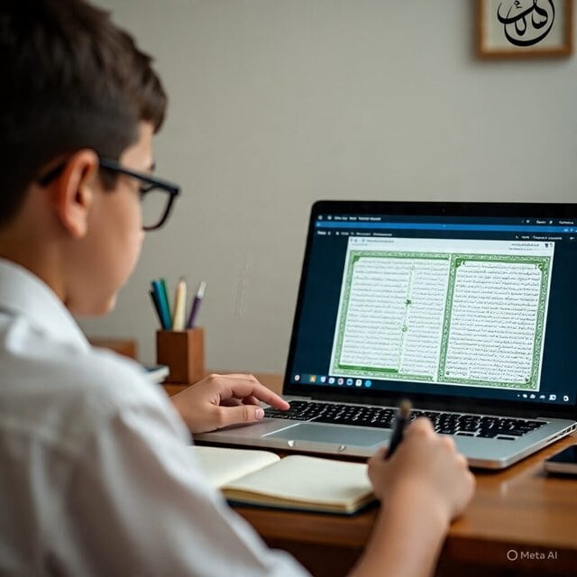 A child reading Qur’an on a laptop.Balance School Deen and Play with Our Virtual Madrasa for Kids