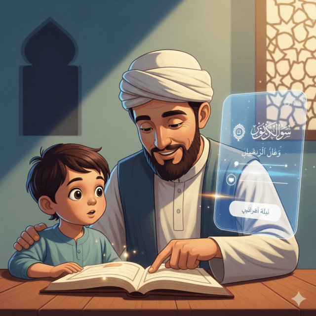 An illustration of a scholar guiding a child while a subtle AI in Islamic education Islamic AI tutor