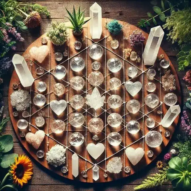 “Beautiful crystal grid with healing stones arranged in a sacred geometric pattern.”