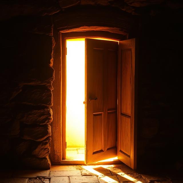 A wooden door ajar in a dark stone wall, with warm light shining through.
