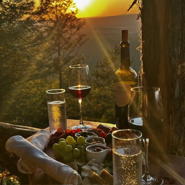 Charcuterie Board and Wine Outside at Our Lake Resort in the Hudson Valley