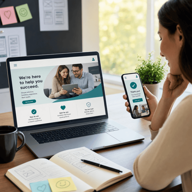 Woman looking at phone displaying "Thank you!" while laptop shows website with team success message.