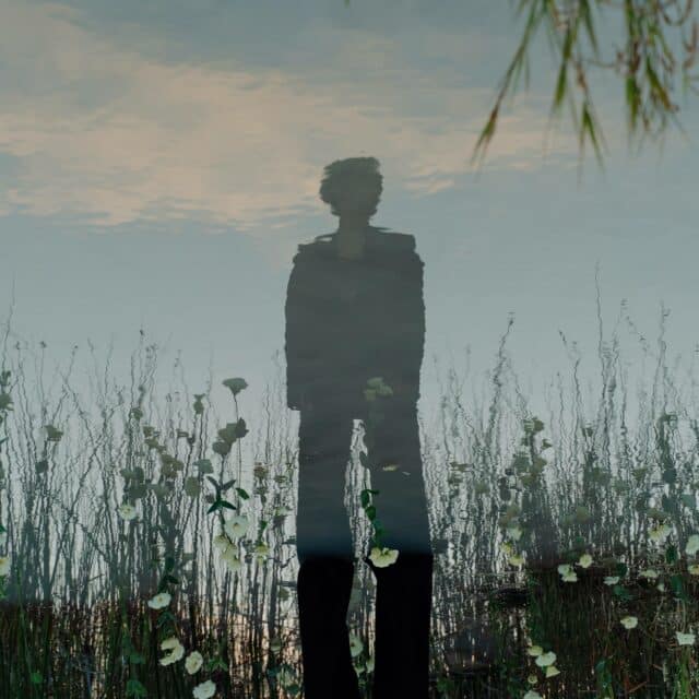 A figure stands, reflected in water surrounded by flowers