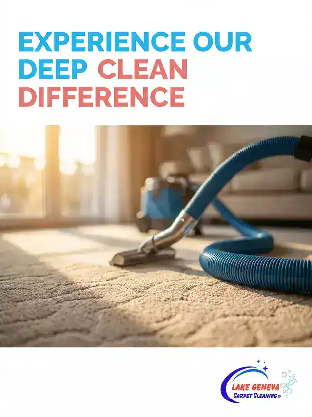 A professional carpet cleaning scene depicting a Lake Geneva Carpet Cleaning technician in business attire, skillfully operating a truck-mounted hot water extraction machine to deep clean a richly colored carpet in a cozy, sunlit living room. In the foreground, the technician focuses intently on the carpet, illustrating the cleaning process with visible steam and dirt being lifted, showcasing the effectiveness of the service. The middle ground features the carpet's vibrant patterns and textures, emphasizing its cleanliness compared to areas yet to be cleaned. In the background, a well-decorated room with tasteful furnishings enhances the atmosphere of a comfortable home. Soft, natural lighting filters in through a window, creating a warm and inviting mood, signifying the importance of professional maintenance to preserve the beauty and longevity of carpets.
