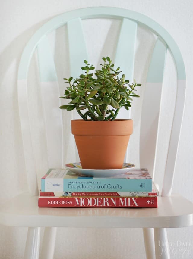 display a stack of books on a chair with a plant