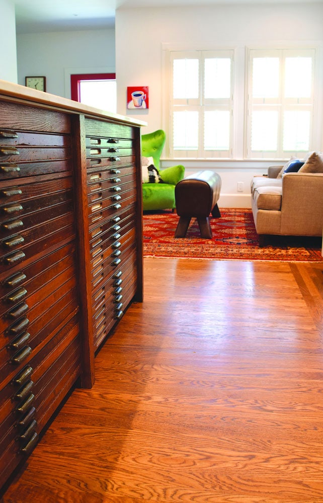 living room with map drawer cabinet