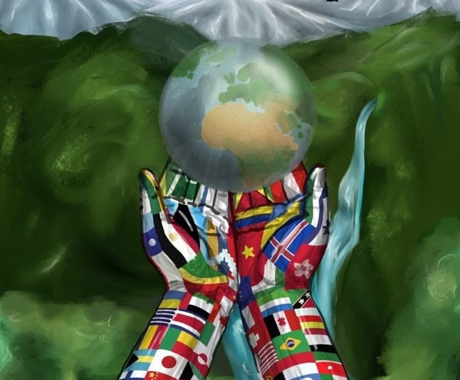 Artwork of hands decorated with flags holding a globe