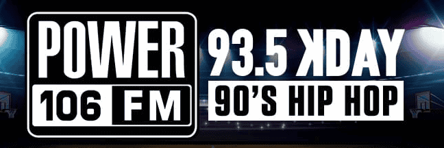 Image of Power 106 FM logo with custom staging and audio setup in Los Angeles.